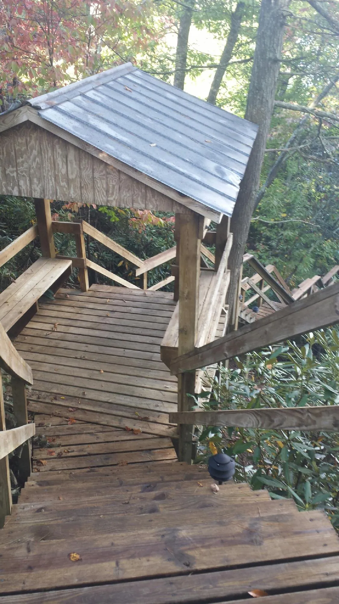 Metal roofed shelter over wooden steps on a wooded walkway — Skylight Repair & Installation work by our crew in Shelly